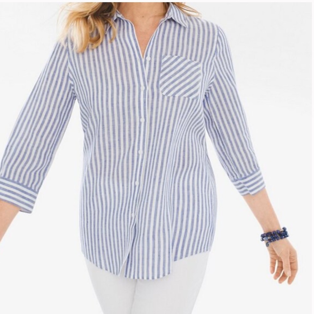 Chico's Women's Blue and White Striped Linen Button Down Non-Iron Shirt - Small - Picture 2 of 10